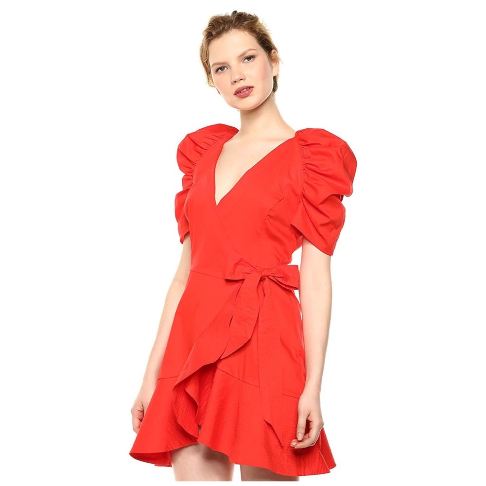 C/MEO COLLECTIVE Motivations Puff Sleeve Ruffle Hem Wrap Dress